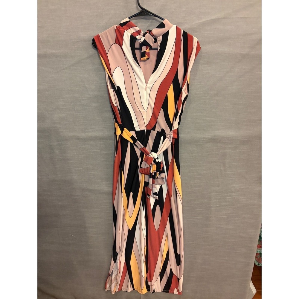 S 26. Donna Morgan Abstract Swirl Midi Dress Mock Neck Tie Back Retro Mod Size 4 - Picture 3 of 6